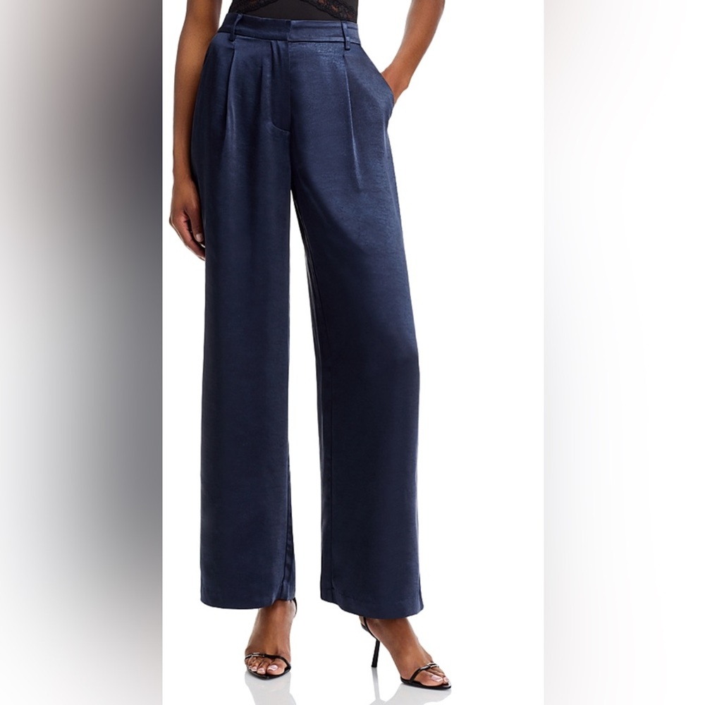 AQUA navy blue satin wide leg pleated pants.